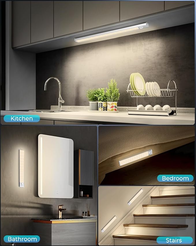 Under Cabinet Lighting - 10.5" Motion Sensor Light Indoor, Magnetic Wireless Closet Lights, Dimmable Led Night Light, Rechargeable Under Counter Lights for Kitchen, Bedroom, Stair, 2 Pack