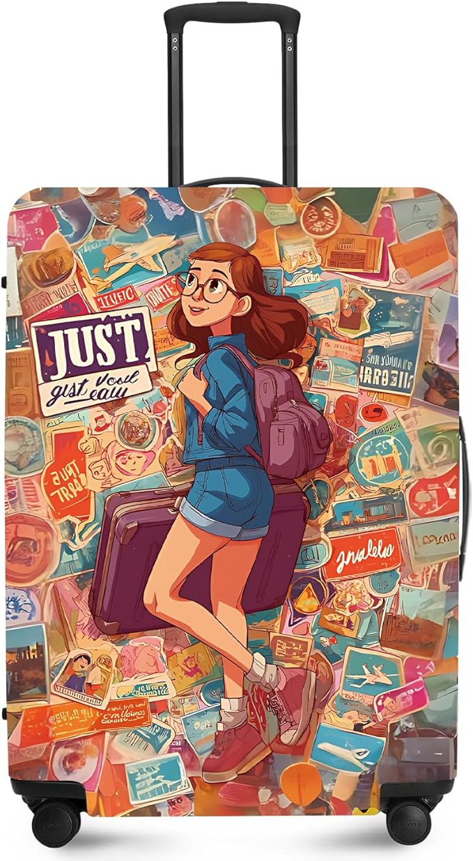 ANNA QUEEN Vintage Travel Stickers Gir Luggage Cover -Stretchable Airplane Suitcase Protector Sleeve,Universal Washable Fit for 32-34 Inch Checked Baggage,Water Resistant Durable Luggage Protector