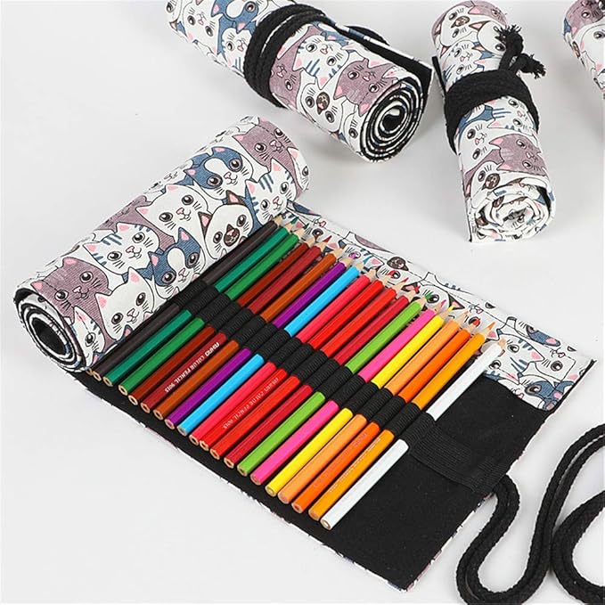 Funny live 24/36/48/72 Slots Colored Pencil Wrap Roll up Pen Holder Case Drawing Coloring Pencil Roll Organizer Stationery Case for Student Artist Traveler (Big-Head Cats, 36 Slots)