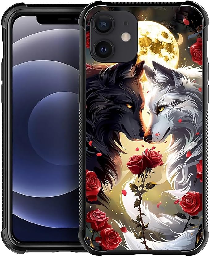 for iPhone 11 Case, Black White Wolf Moon Flower Rose Pattern Graphic Design Girl Boy Soft Silicone Hard Acrylic Shock Protection for iPhone 11