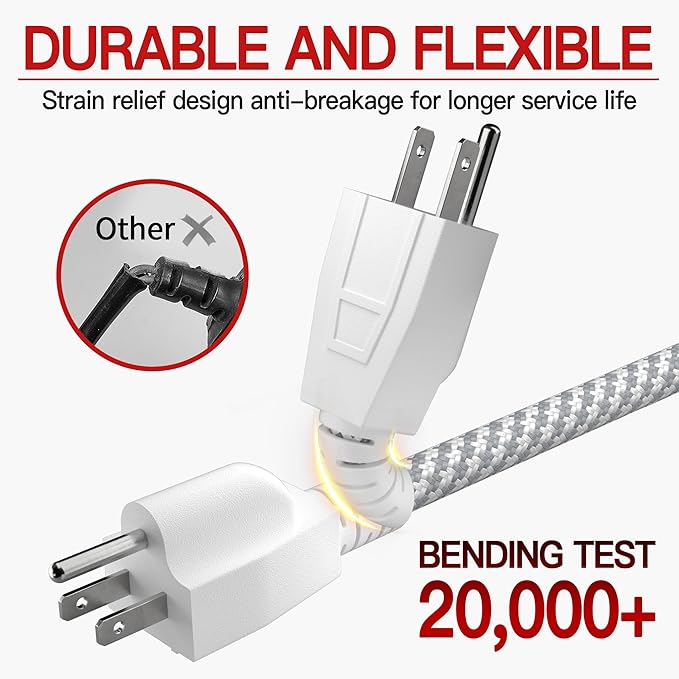 16/3 Braided Extension Cord 15 FT, Braided Extension Cord Flexible & Durable, Indoor 3 Prong Power Cable, Suitable for Home and Office, 13 Amp 1625 Watt 125VAC 16AWG, ETL Listed