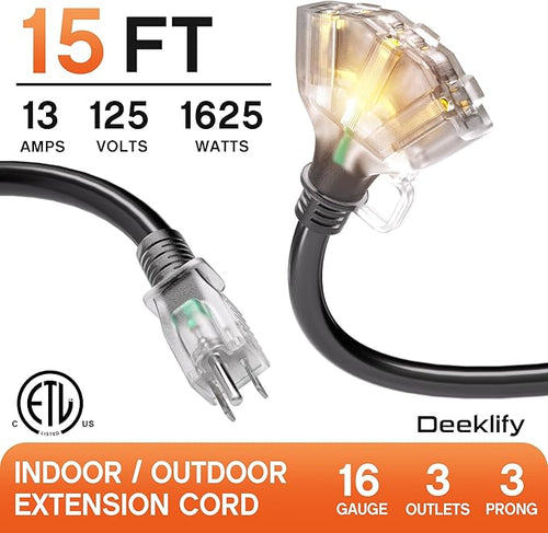 15 ft 16/3 awg 3 Outlet Extension Cord Splitter with Indicator, Waterproof Indoor/Outdoor Extension Cord with Multiple Outlets, 13A 1625W for Home & Workshop, ETL Listed, Flexible Black SJTW