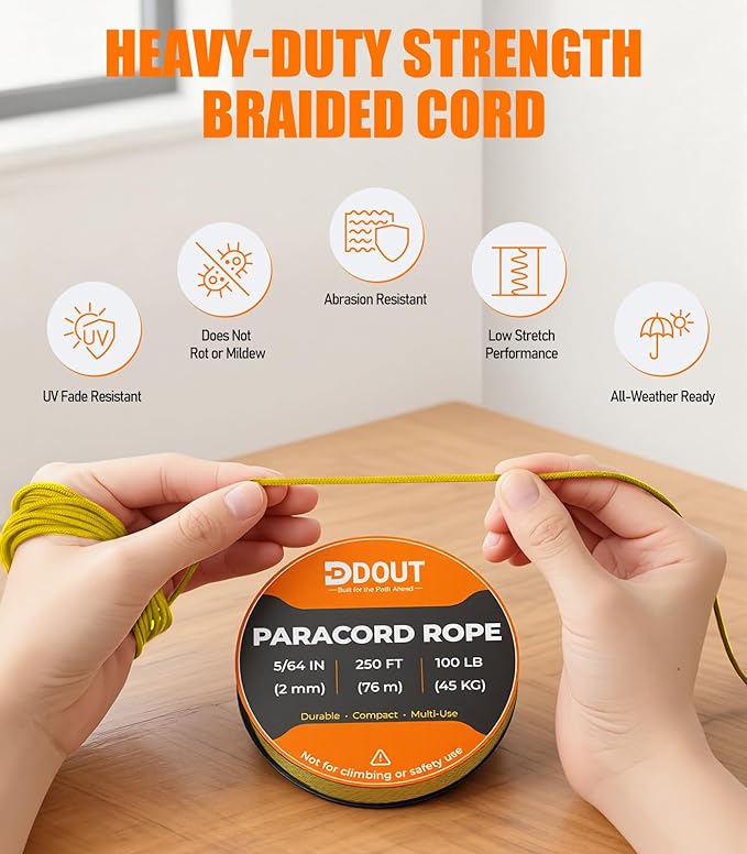 DDOUT 2mm Paracord 100lb, Thin Micro Paracord Rope, Yellow 250FT Nylon Cord for Crafting, DIY Projects, Fishing, Camping & Outdoor