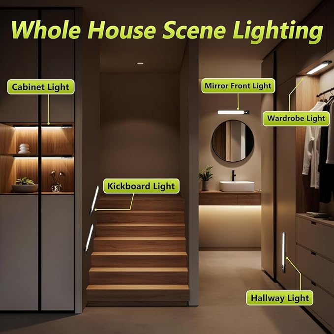 Mpotmiy 2 Pack 12" Under Cabinet Lights with Digital Display,2200mAh Rechargeable Motion Sensor Light Indoor,3 Color Temperatures, Magnetic Dimmable Closet Lights, Under Counter Light for Kitchen