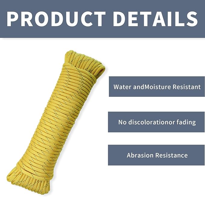 Paracord Rope, Reflective III Parachute Cord 7 Strand Core 550lb, 50ft Yelow - High Visibility Abrasion Resistant Easy to Tie, Multi-Purpose Rope for Camping Survival DIY