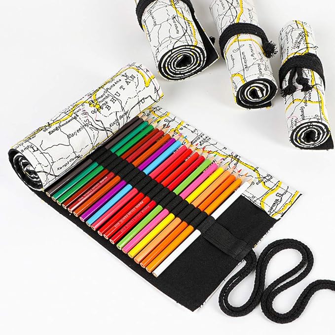 Funny live 24/36/48/72 Slots Colored Pencil Wrap Roll up Pen Holder Case Drawing Coloring Pencil Roll Organizer Stationery Case for Student Artist Traveler (Map, 48 Slots)