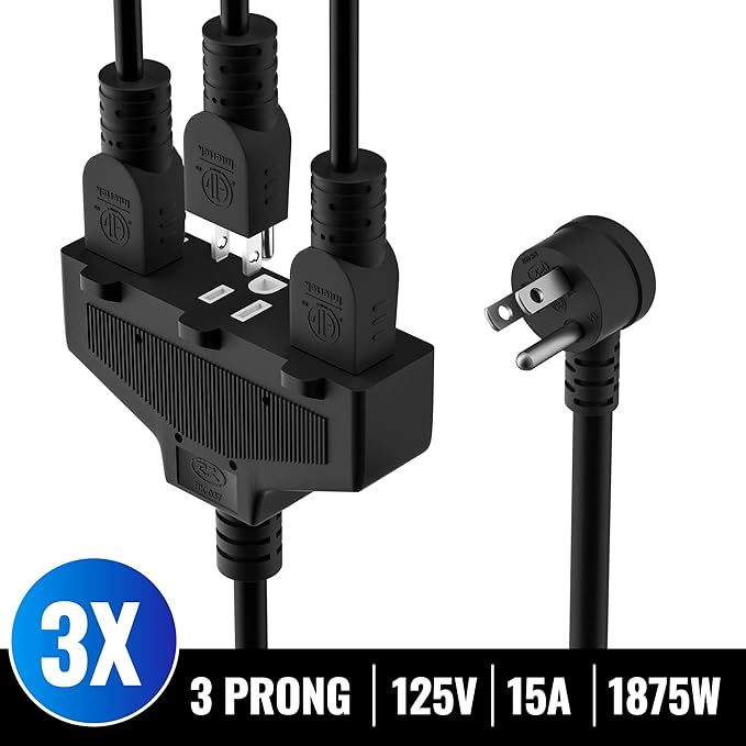Outdoor Extension Cord 25 Ft with 3 Outlets, 14/3 SJTW 3 Prong Grounded Power Cord, 14 Gauge 14AWG Heavy Duty Power Cable, ETL Listed, 15 Amp 125 V 1875 W-Multiple Outlets for Indoor/Outdoor-Black