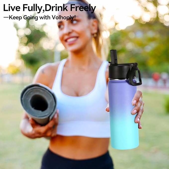 Volhoply 18oz Insulated Water Bottle Bulk 4 Pack,Kids Stainless Steel Water Bottles with Straw Lid,Wide Mouth Reusable Metal Cups,Double Wall Vacuum Sports Flask For Cold Drink(Purple Blue,4 Set)