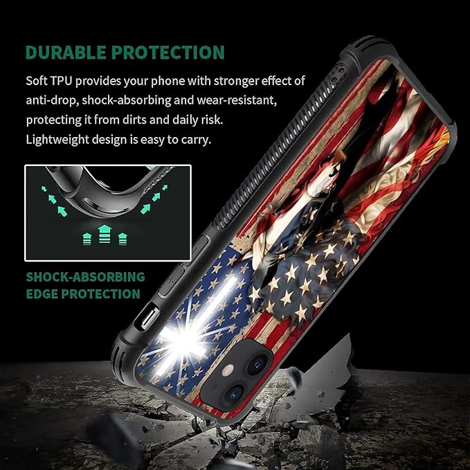 for iPhone 12/12 Pro Case, Red American Flag Horse Cross Pattern Graphic Design Girl Boy Soft Silicone Hard Acrylic Shock Protection for iPhone 12/12 Pro