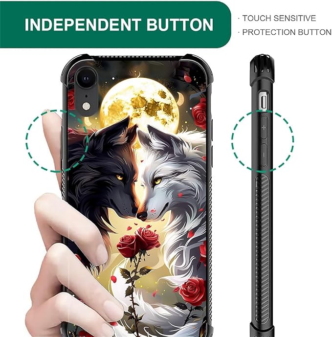 for iPhone XR Case, Black White Wolf Moon Flower Rose Pattern Graphic Design Girl Boy Soft Silicone Hard Acrylic Shock Protection for iPhone XR