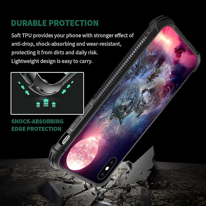 for iPhone X/Xs Case, Star Two Wolfs Howling Pattern Graphic Design Girl Boy Soft Silicone Hard Acrylic Shock Protection for iPhone X/Xs