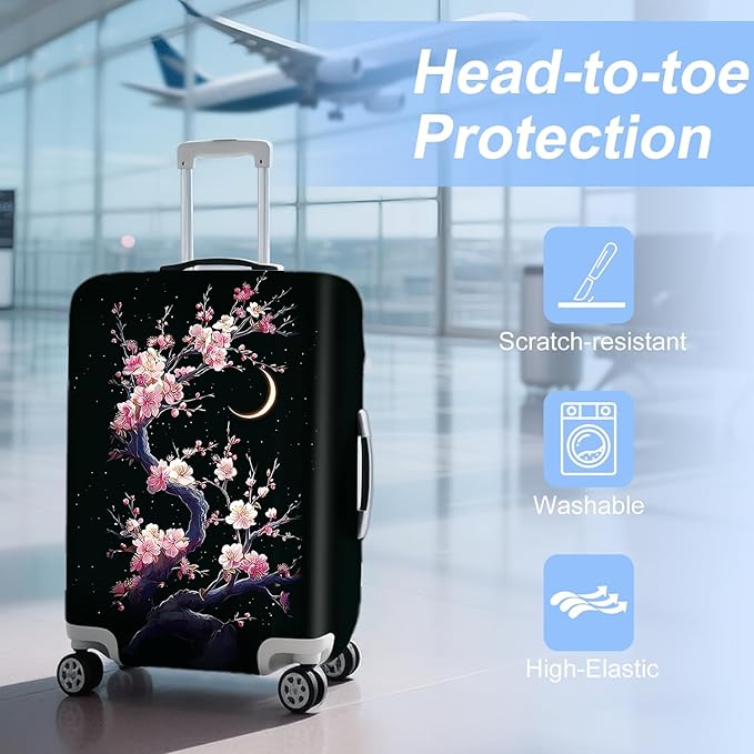 ANNA QUEEN Cherry Blossom & Moon Luggage Cover-Stretchable, Water Resistant & Durable Suitcase Protector,Universal Washable Fit for 32-34 Inch Checked Baggage