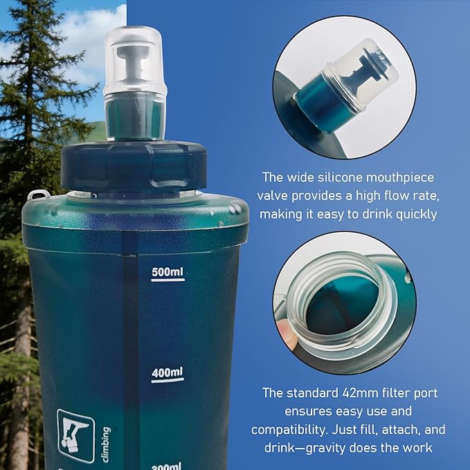 1L Collapsible Water Bottle with Filter for Hiking, Camping & Travel - TPU Soft Flask, 0.1 Micrometer Hollow Fiber Membrane for Clearer, Better Tasting Outdoor Water(Hunter Green)