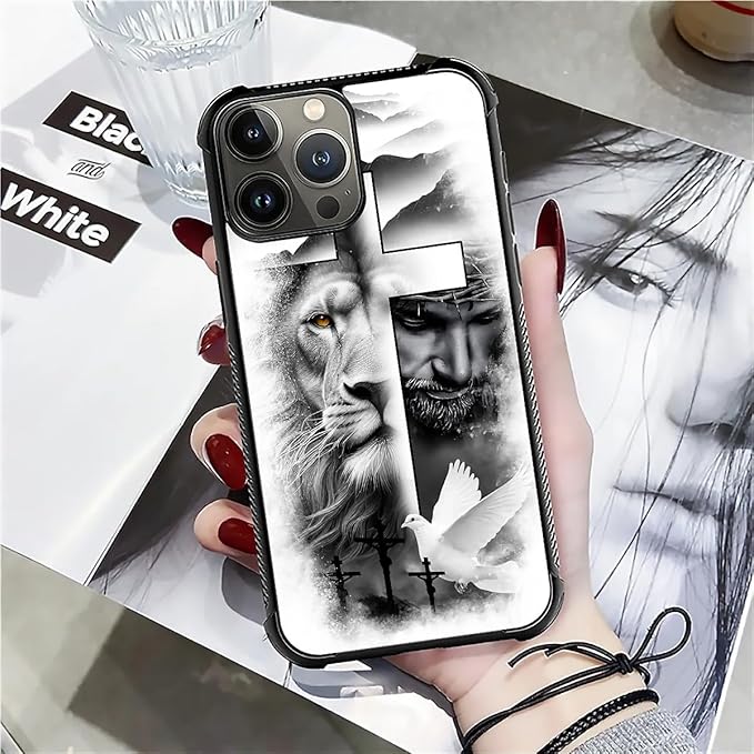 for iPhone 16 Pro Case, Lion Cross Jesus Christ Dove Pattern Graphic Design Girl Boy Soft Silicone Hard Acrylic Shock Protection for iPhone 16 Pro