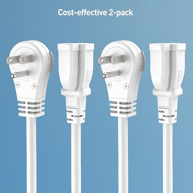 [ETL Listed] Cable Matters 2-Pack 16 AWG 360° Rotating Flat Plug Short Extension Cord - 1ft, 13A/1625W, Low Profile 3 Prong Power Extension Cords, NEMA 5-15P to NEMA 5-15R, White