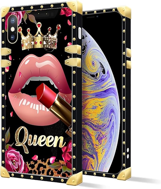 Compatible with iPhone XR Case, Glitter Red Rose Queen Leopard Lipstick Luxury Golden Decoration for Girl Women Soft TPU Shockproof Protective Hard PC Back for iPhone XR