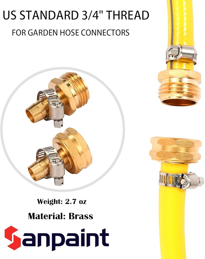Brass Garden Hose Connector Repair Mender Kit with Stainless Clamp,Fits 1/2" Water Hose Fitting,2 Sets(1/2" Barb x 3/4" GHT)