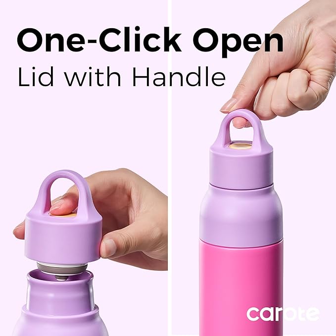 CAROTE 19 oz One-Click Open Insulated Water Bottle & 21 oz Tumblers with Lid and Straw, Double-Wall Insulated Stainless Steel, Leakproof Lid with Handle, Essential for Travel, School(Rose Pink)