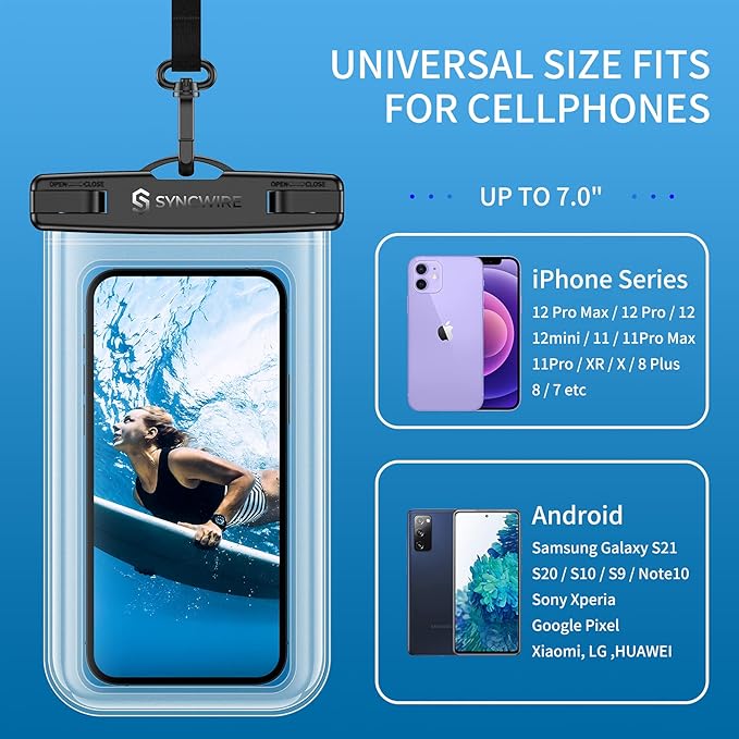 SYNCWIRE Waterproof Smartphone Pouch [Pack of 2], IPX8 Touch Sensitive Waterproof Bag for Phone iPhone 13 Pro Max, 12, 11 Pro, XS Max, XR, XS, X,7 8, Samsung S21/S20/S10, Huawei P30 Pro - 7 Inch