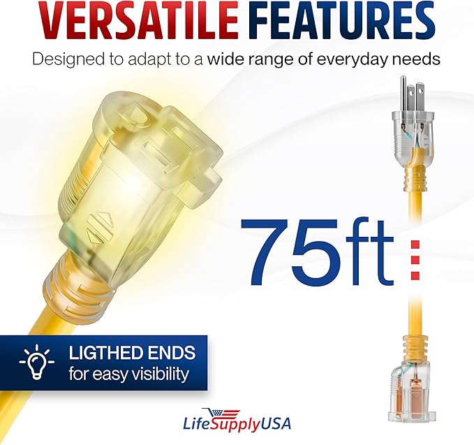 75ft Outdoor/Indoor Extension Cord 14/3 Gauge Heavy Duty 3 Prong SJTW, Waterproof, Flexible Cold-Resistant Long Power Cord,13A 125V 1625W, Yellow by LifeSupplyUSA