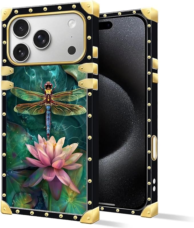 for iPhone 17 Pro Case Luxury Golden Decoration for Girl Women Soft TPU Shockproof Protective Hard PC Back for iPhone 17 Pro Crazy Pattern Colourful Dragonfly Pink Lily Pads