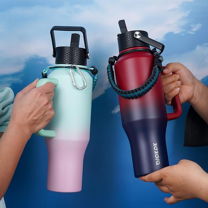 BJPKPK Insulated Water Bottles with Straw Lid, 40oz Metal Water Bottle with 2 lids & Paracord Strap, Double Wall Stainless Steel Tumbler with Handle, Reusable Cups, Mugs, Thermo, Marshmallow