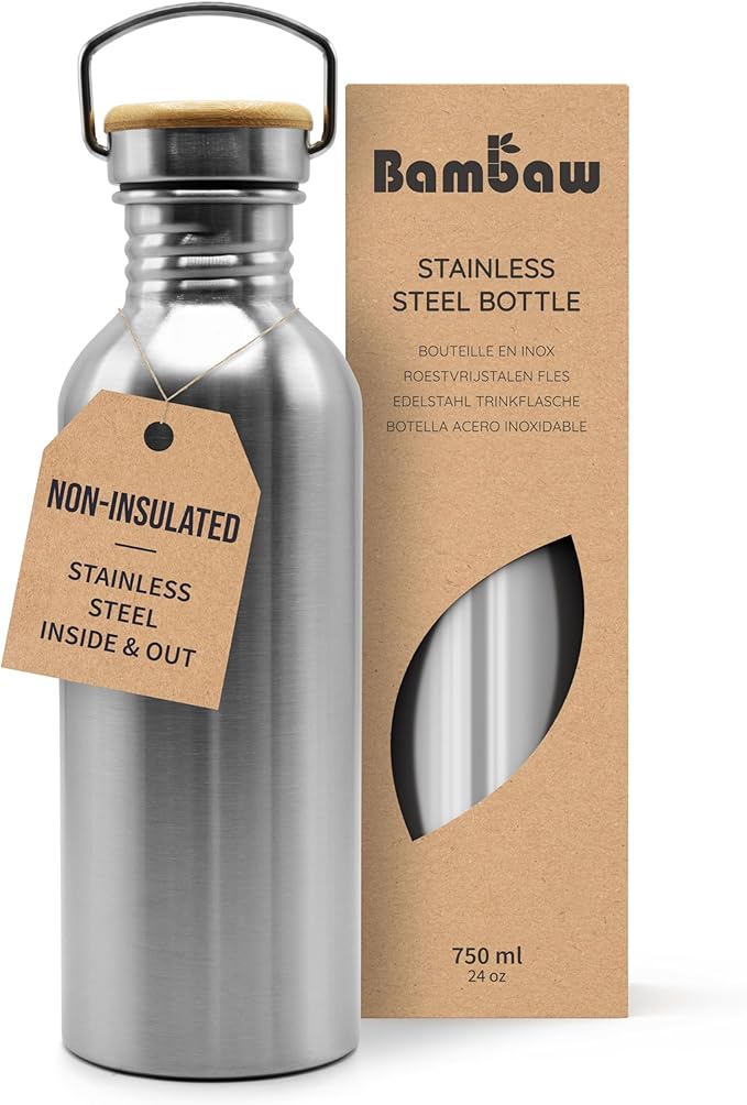Bambaw Stainless Steel Single Wall Water Bottle, 24 oz, 750 ml, Reusable, Leakproof, Dishwasher Safe, BPA Free, Ideal for Travelling, Hiking, Yoga