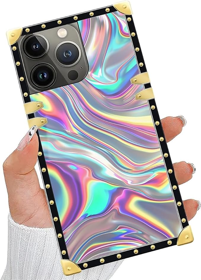 Compatible with iPhone 15 Pro Max Case, Holographic Abstract Iridescent Textures Luxury Golden Decoration for Girl Women Soft TPU Shockproof Protective Hard PC Back