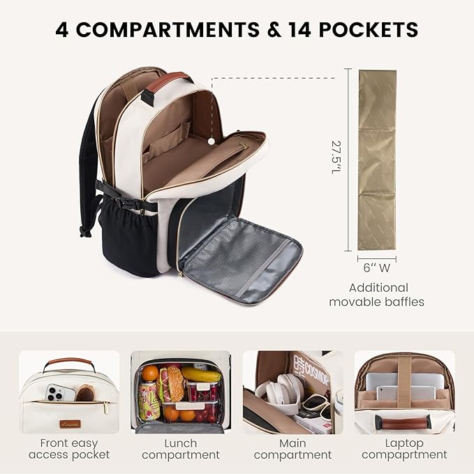 LOVEVOOK Lunch Backpack with Lunch Compartment,17 Inch Laptop Work Travel Insulated Cooler Backpack,Waterproof College Teacher Lunch Bag Box,Gifts for Men Women,White-Bean Green-Dark Olive Green