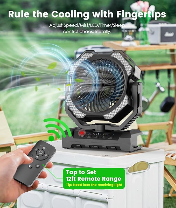 Camping Misting Fan - 24000mAh Portable Battery Powered Fans with 9oz Water Tank, Light, Hook - Rechargeable, 120H Cooling, Last 5H Mist, 4 Speed, Sleep Mode - Outdoor Gear, Travel Essentials