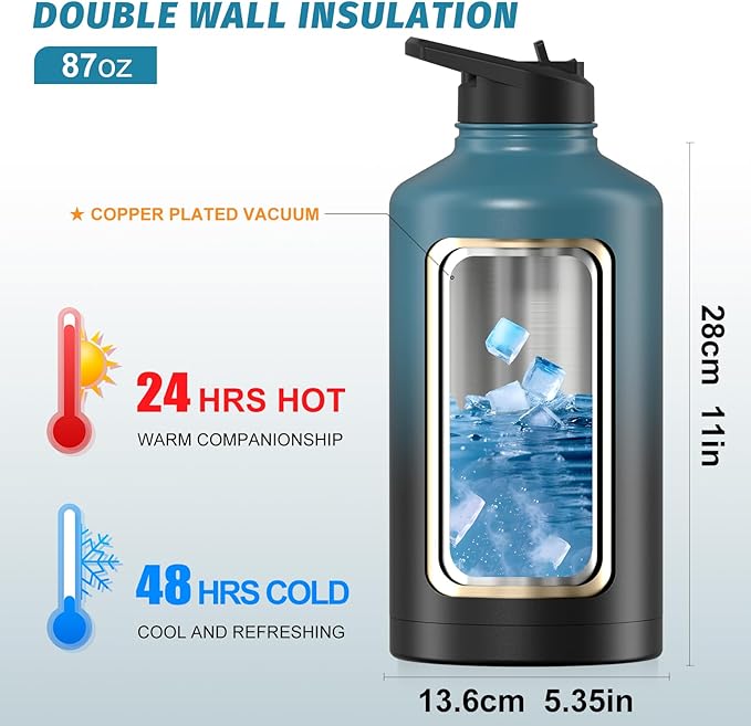 87oz Insulated Water Bottle (Cold for 48 Hrs),BPA Free&Leak Proof,1.5 Gallon Stainless Steel Water Flask,Water Jug with Straw Spout Lids for Gym,Hiking,Camping,Gradient Blue
