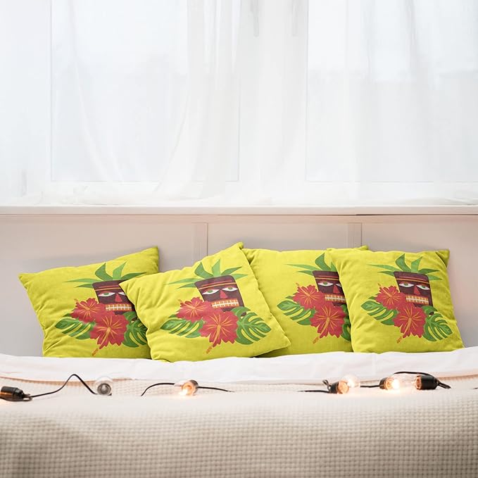 Ambesonne Luau Throw Pillow Cushion Case Pack of 4, Vibrant Composition of a Tiki Exotic Summer Hibiscus and Palm Leaves, Modern Accent Double-Sided Digital Printing, 20", Yellow Multicolor