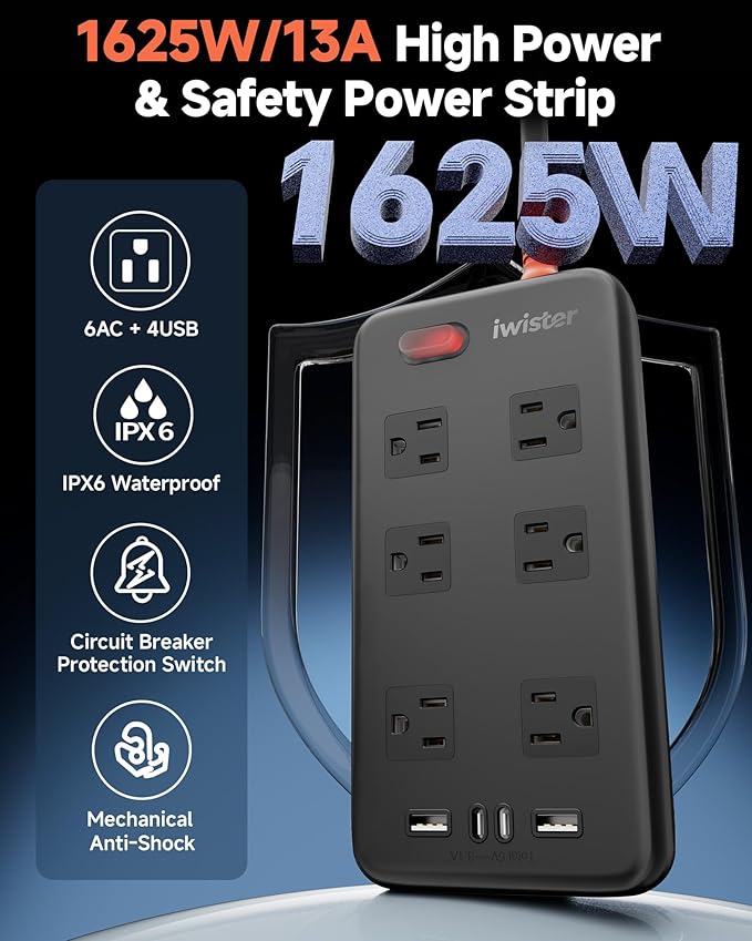 Outdoor Power Strip Waterproof IPX6, 1625W/13A, 6 Ft Extension Cord, 6 Wide Outlets & 4 USB Ports with Anti-Electric Shock, Wall Mountable for Yard, Workshop, Garage, RV