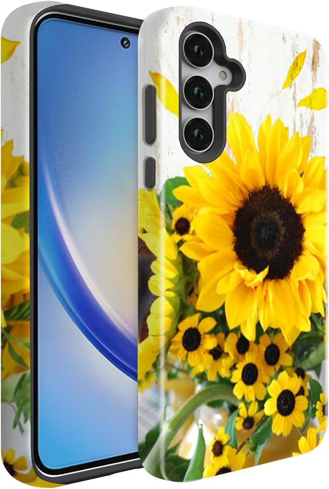 Compatible for Samsung Galaxy A36 5G Case, Dual Layer Heavy Duty 2 in 1 Shockproof Protective Phone Case,Wood Grain Sunflowers
