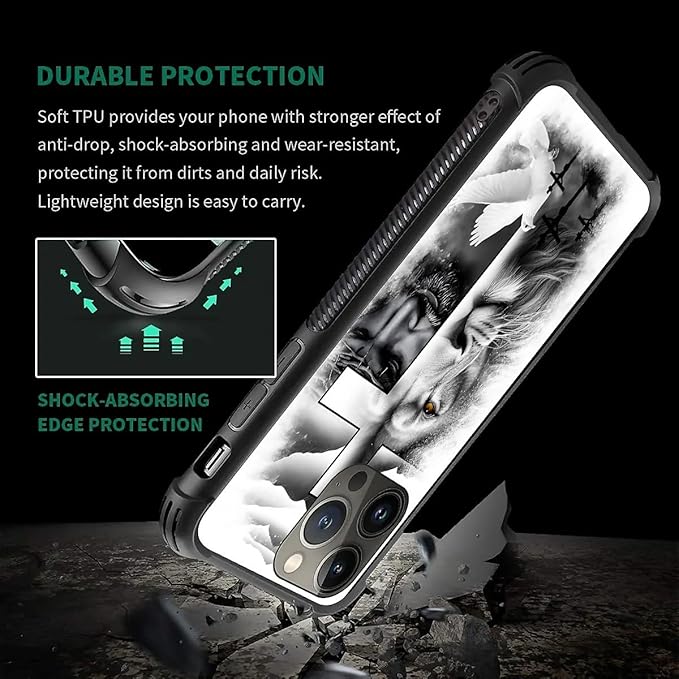 for iPhone 14 Pro Max Case, Lion Cross Jesus Christ Dove Pattern Graphic Design Girl Boy Soft Silicone Hard Acrylic Shock Protection for iPhone 14 Pro Max