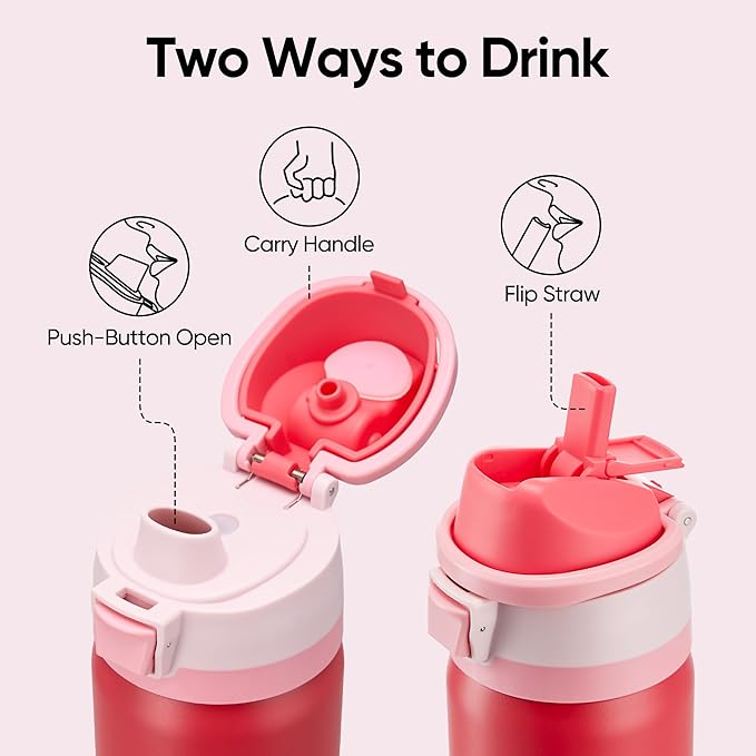 Fijinhom 24 oz Insulated Water Bottle with 2-in-1 Straw and Spout Lid, Stainless Steel Double Wall Vacuum Flask, Sports Water Bottle Keeps Cold 24H, Leak Proof for Gym, Outdoor, Travel (Red)