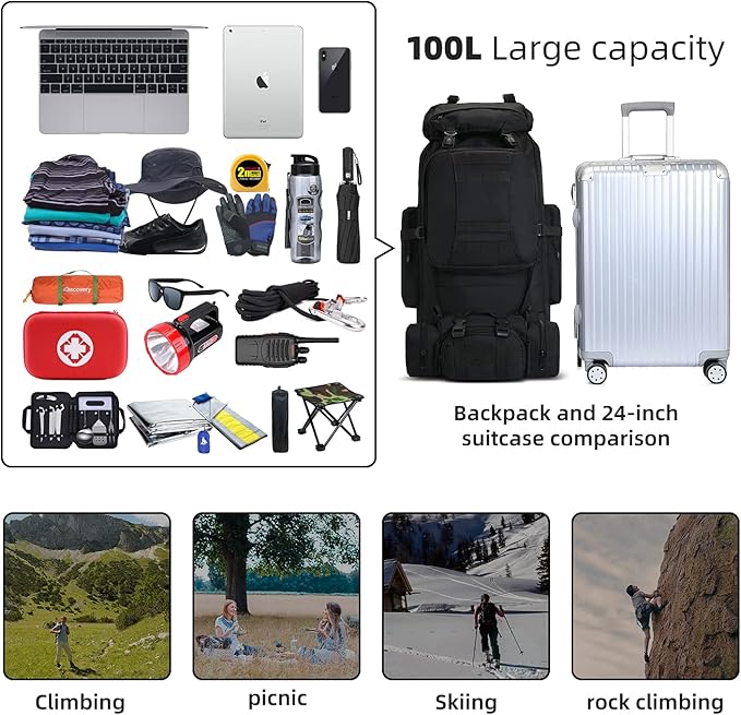 100L Camping Hiking Backpack,Molle military Tactical rucksack backpack,Waterproof Lightweight Hiking Backpack (Black)
