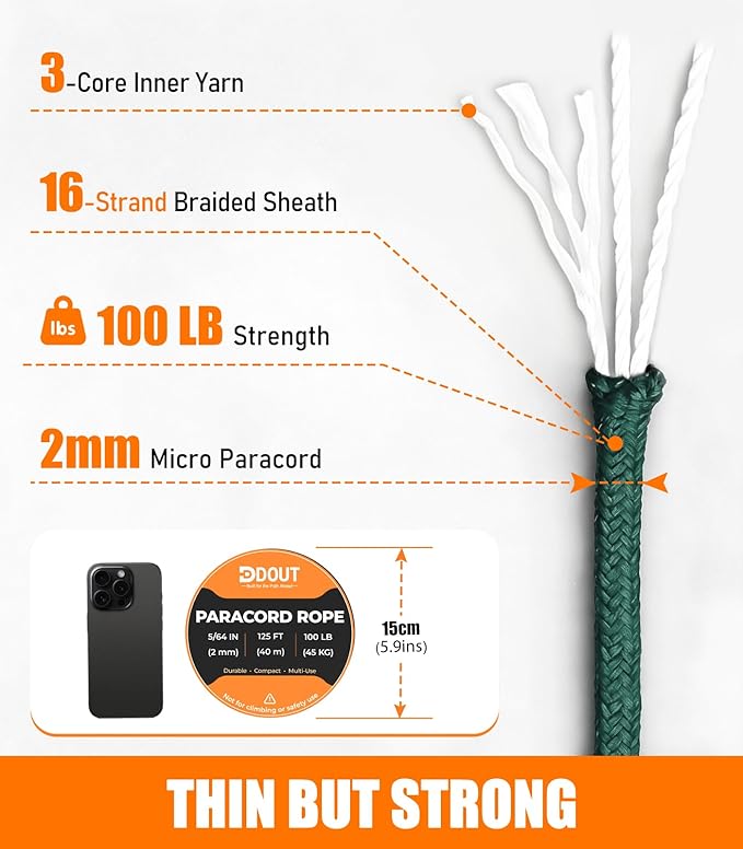 DDOUT 2mm Paracord 100lb, Thin Micro Paracord Rope, DKGreen 125FT Nylon Cord for Crafting, DIY Projects, Fishing, Camping & Outdoor