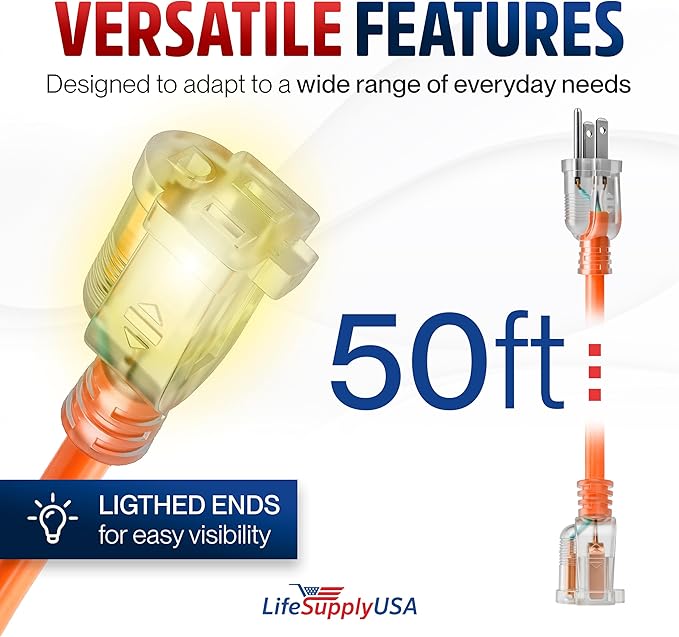 50ft Outdoor/Indoor Extension Cord 16/3 Gauge Heavy Duty 3 Prong SJTW, Waterproof, Flexible Cold-Resistant Long Power Cord,13A 125V 1625W, Orange by LifeSupplyUSA