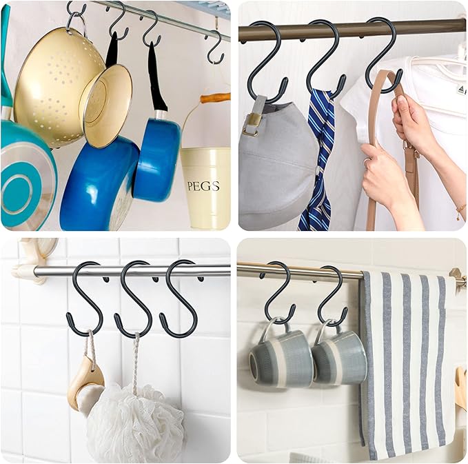 DINGEE 30 Pack Vinyl Coated Heavy Duty S Hooks for Hanging Plants, Clothes, Non Slip Steel Metal Black Rubber Coated Closet S Hooks for Hanging Jeans, Jewelry, Pot, Pan