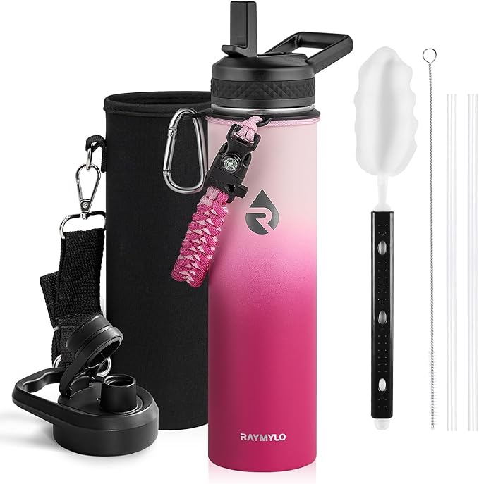 RAYMYLO Insulated Water Bottle 24oz, Triple Wall Vacuum Stainless Steel (Cold for 24Hrs, Hot for 12Hrs), Leak Proof & Non-BPA, 24oz Hydro Water Flask with Paracord Handle & Straw Spout Lids