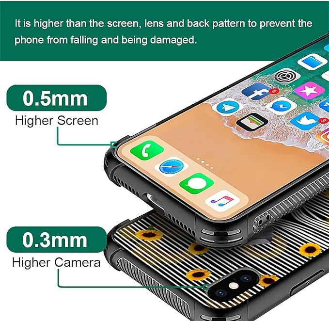 for iPhone X/Xs Case, Cute Little Elephant Sunflower White Line Art Pattern Made of Soft Silicone Hard Acrylic Shock Protection for iPhone X/Xs