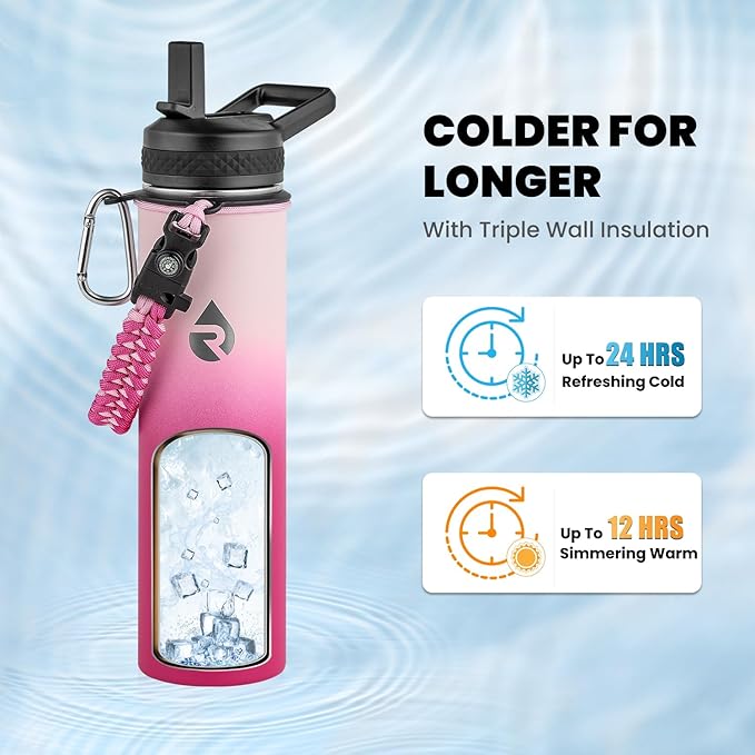RAYMYLO Insulated Water Bottle 24oz, Triple Wall Vacuum Stainless Steel (Cold for 24Hrs, Hot for 12Hrs), Leak Proof & Non-BPA, 24oz Hydro Water Flask with Paracord Handle & Straw Spout Lids
