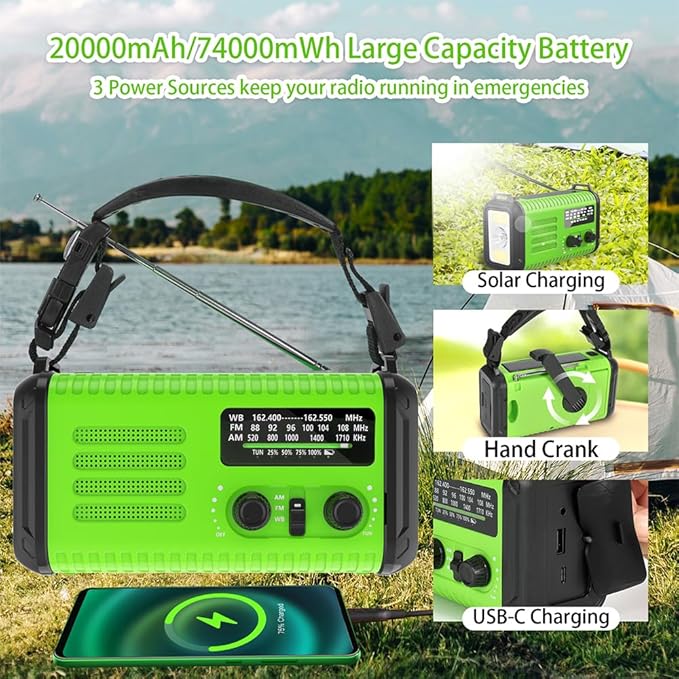 Emergency Hand crank Radio, NOAA Weather Radio AM FM Solar Powered, 20000mAh/74000mWh Battery Operated Flashlight Cell Phone Charger, USB Charging, Reading Lamp, SOS & Compass for Emergencies
