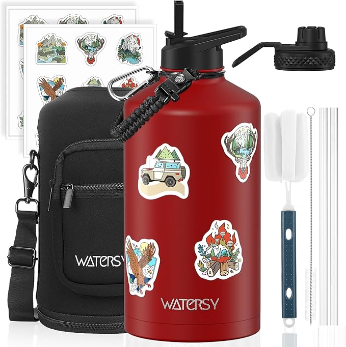 1 Gallon Water Bottle Insulated(Cold for 48 Hrs),BPA Free&Leak Proof,128oz Stainless Steel Water Jug,Large Water Bottle with Straw Spout Lids for Gym,Hiking,Camping&Travel,Red