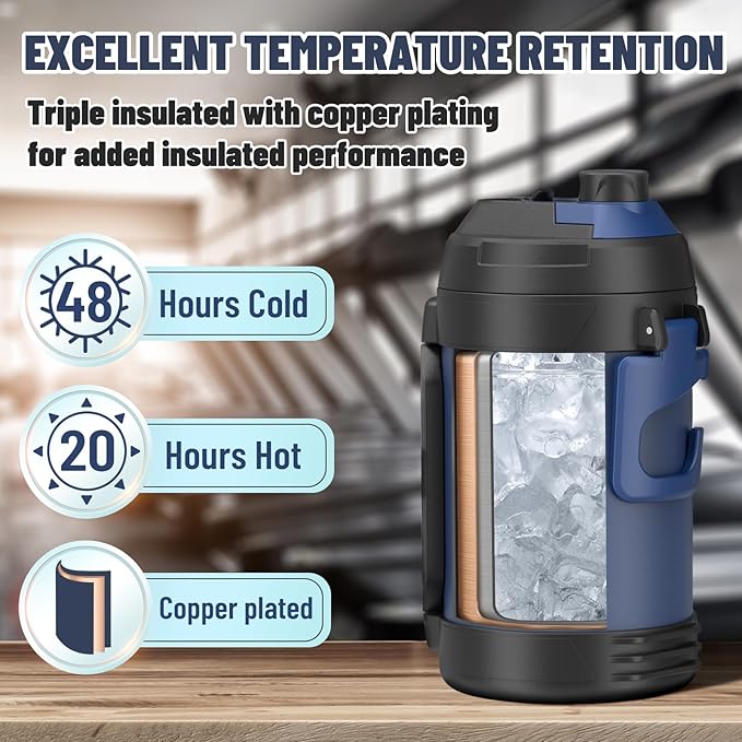 Zukro 1 Gallon Water Jug, One Gallon Large Triple Wall Insulated Metal Jug With Straw and Spout, No Sweat 128 oz Stainless Steel Sport Water Bottle Keeps Cold 48 Hours for Outdoors