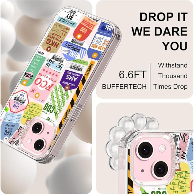 MOSNOVO Case for iPhone 15 Plus/iPhone 14 Plus, [Buffertech 6.6ft Military-Grade Drop Protection] [Anti Peel Off Tech] Clear TPU Bumper Phone Case Cover Design - Air Ticket Labels