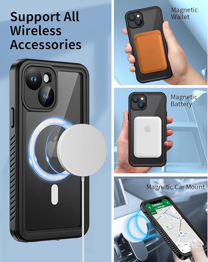 Lanhiem for iPhone 14 Magnetic Case, Waterproof Dustproof Shockproof Case with Built-in Screen Protector Compatible with Magsafe, Full Body Protective Cover for iPhone 14 6.1 inch -Black