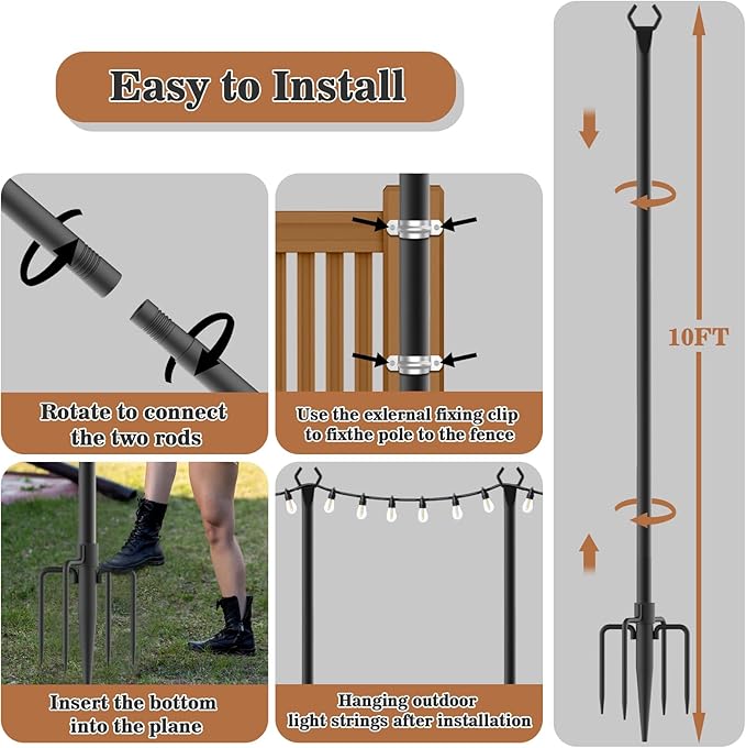 NUERPO 7 Pack String Light Poles,Metal Poles for Hanging Outdoor Light Strings,7 Pack 10 FT Light Poles Stand for Outside Garden,Patio,Wedding,Backyard,Deck,Party