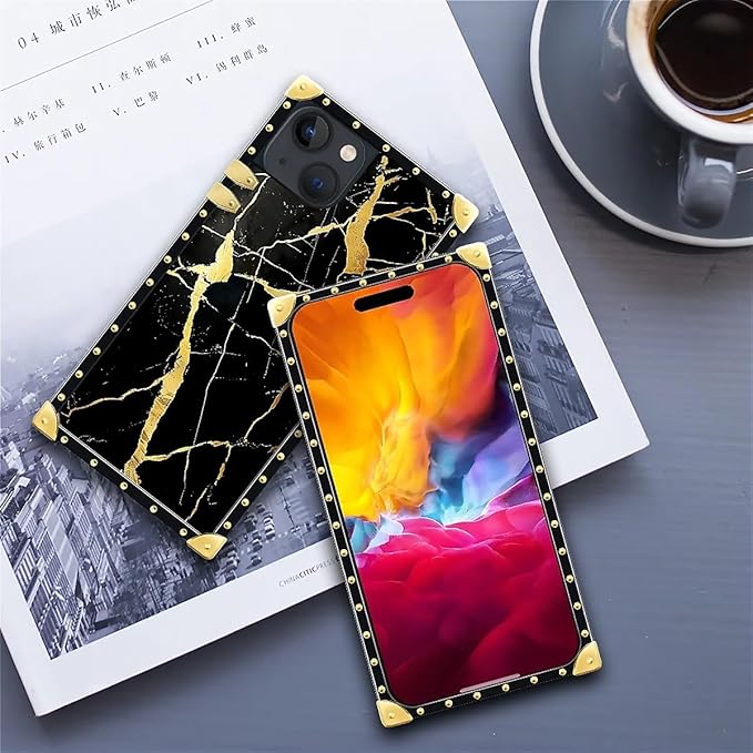 Compatible with iPhone 15 Case, Black Gold Marble Nature Luxury Golden Decoration for Girl Women Soft TPU Shockproof Protective Hard PC Back for iPhone 15